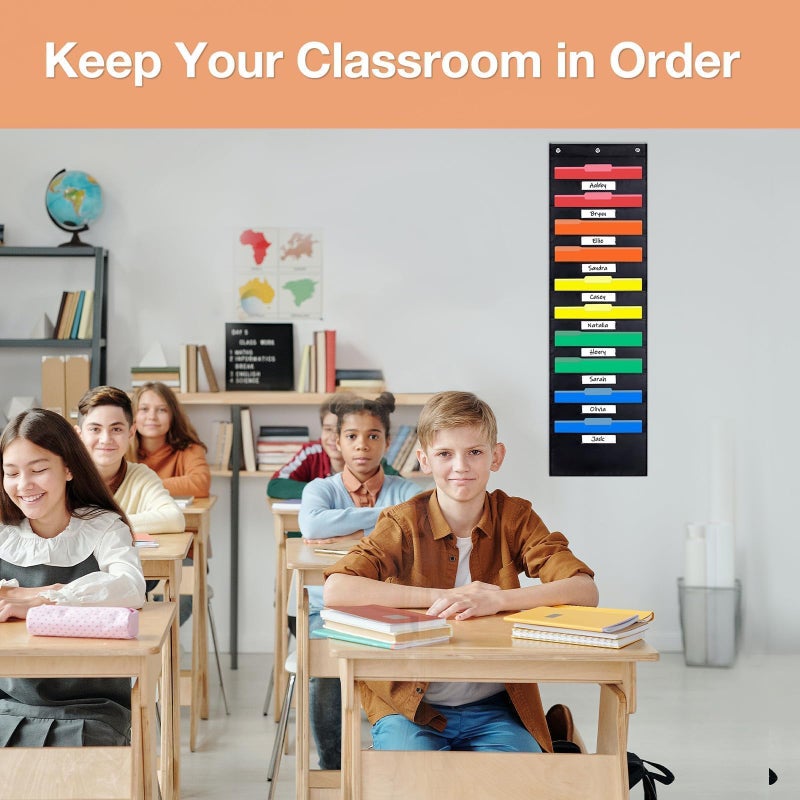 Opret 10 Pockets Storage Pocket Chart with 10 Nametag Pockets, Hanging Wall File Organizer for File Folders with 3 Hangers for Classroom, Office, School Mailbox Organizer and Home (Black) - Image 5